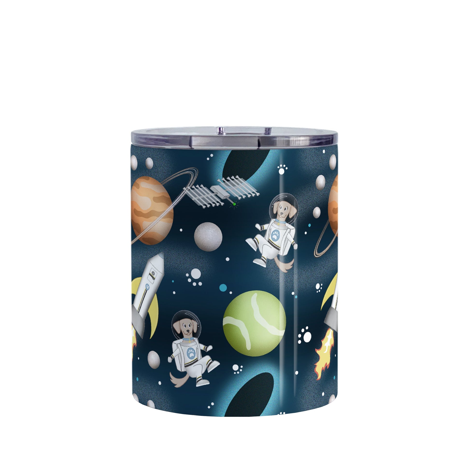 Galaxy Dog-stronaut Tumbler Cup (10oz) at Amy's Coffee Mugs. A stainless steel insulated tumbler cup with a fun galaxy "dog-stronaut" design with dog astronauts, dog themed planets, dog bone satellites, paw print stars, black holes, and dog branded rocket ships on an outer-space background. Perfect for people who love galaxy and space designs, and love dogs too!