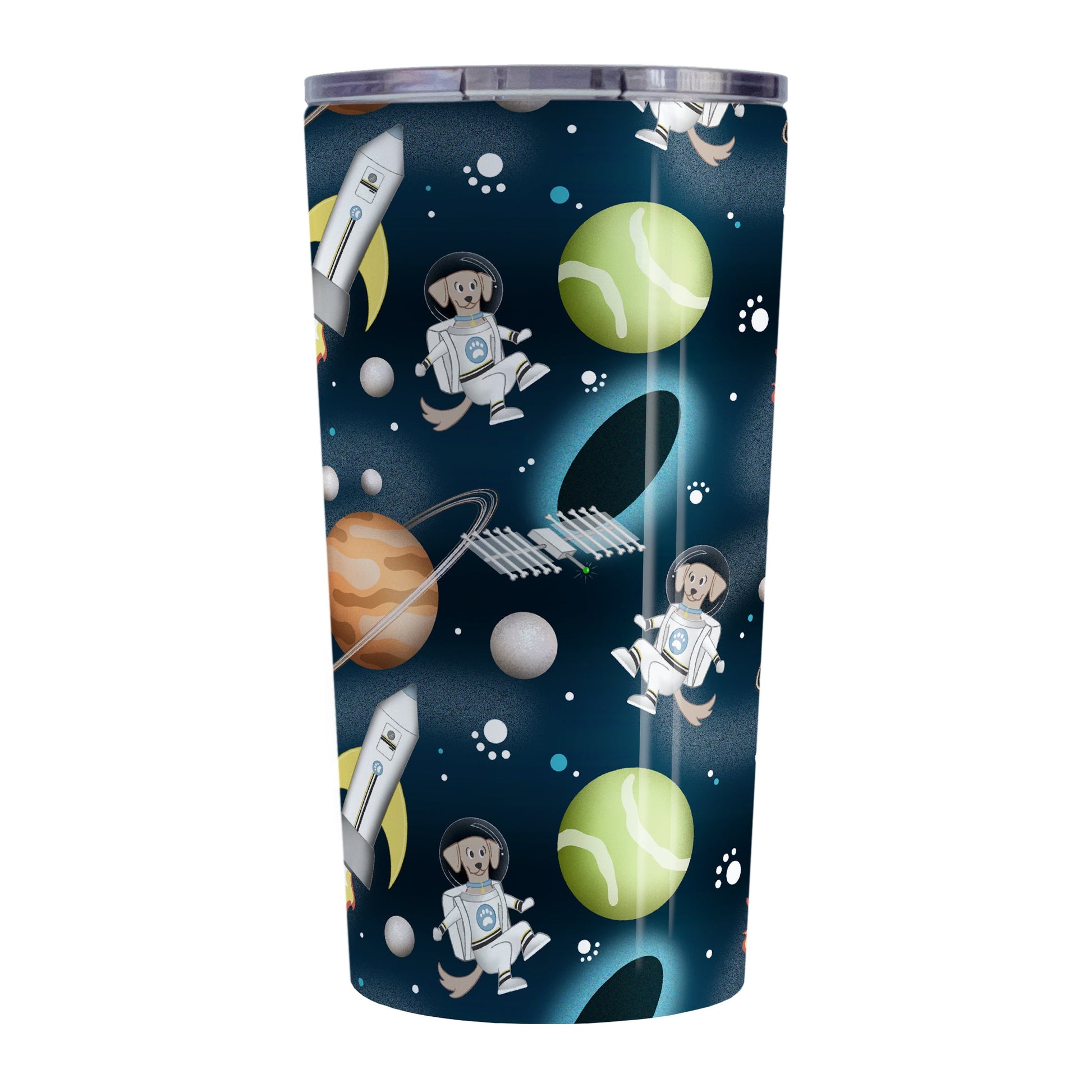 Galaxy Dog-stronaut Tumbler Cup (20oz) at Amy's Coffee Mugs. A stainless steel insulated tumbler cup with a fun galaxy "dog-stronaut" design with dog astronauts, dog themed planets, dog bone satellites, paw print stars, black holes, and dog branded rocket ships on an outer-space background. Perfect for people who love galaxy and space designs, and love dogs too!