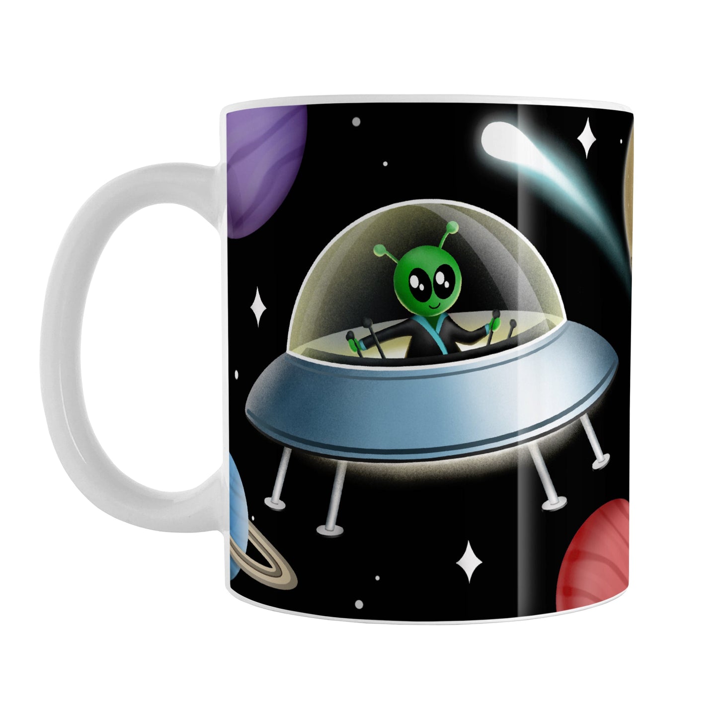 Galaxy Green Alien Spaceship Mug (11oz) at Amy's Coffee Mugs. A galaxy spaceship mug designed with an illustration of a green alien in a spaceship in a galaxy design with planets, stars, comets, and a moon over a black background.