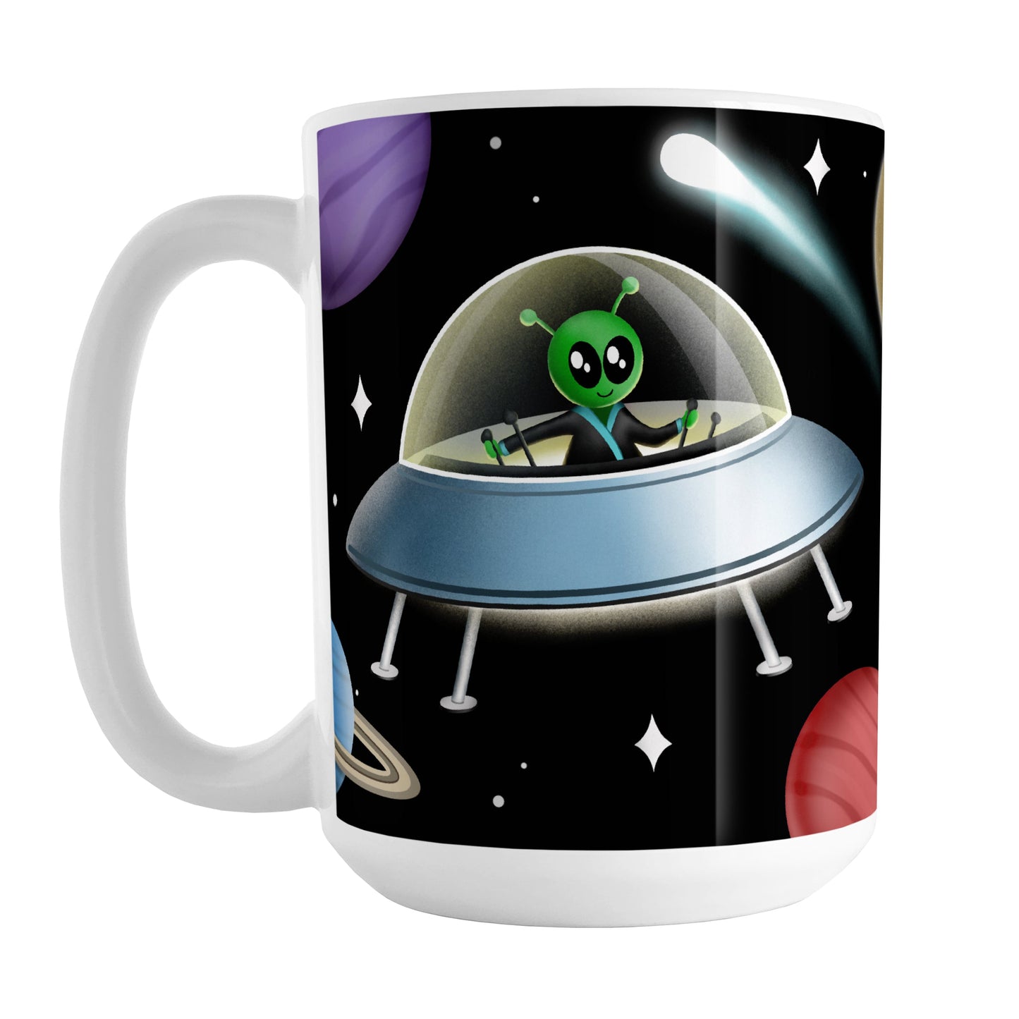 Galaxy Green Alien Spaceship Mug (15oz) at Amy's Coffee Mugs. A galaxy spaceship mug designed with an illustration of a green alien in a spaceship in a galaxy design with planets, stars, comets, and a moon over a black background.