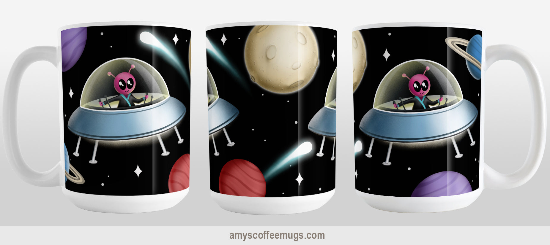 Galaxy Pink Alien Spaceship Mug (15oz) at Amy's Coffee Mugs. A galaxy spaceship mug designed with an illustration of a pink alien in a spaceship in a galaxy design with planets, stars, comets, and a moon over a black background. Photo shows 3 views of the mug to show the entire design.