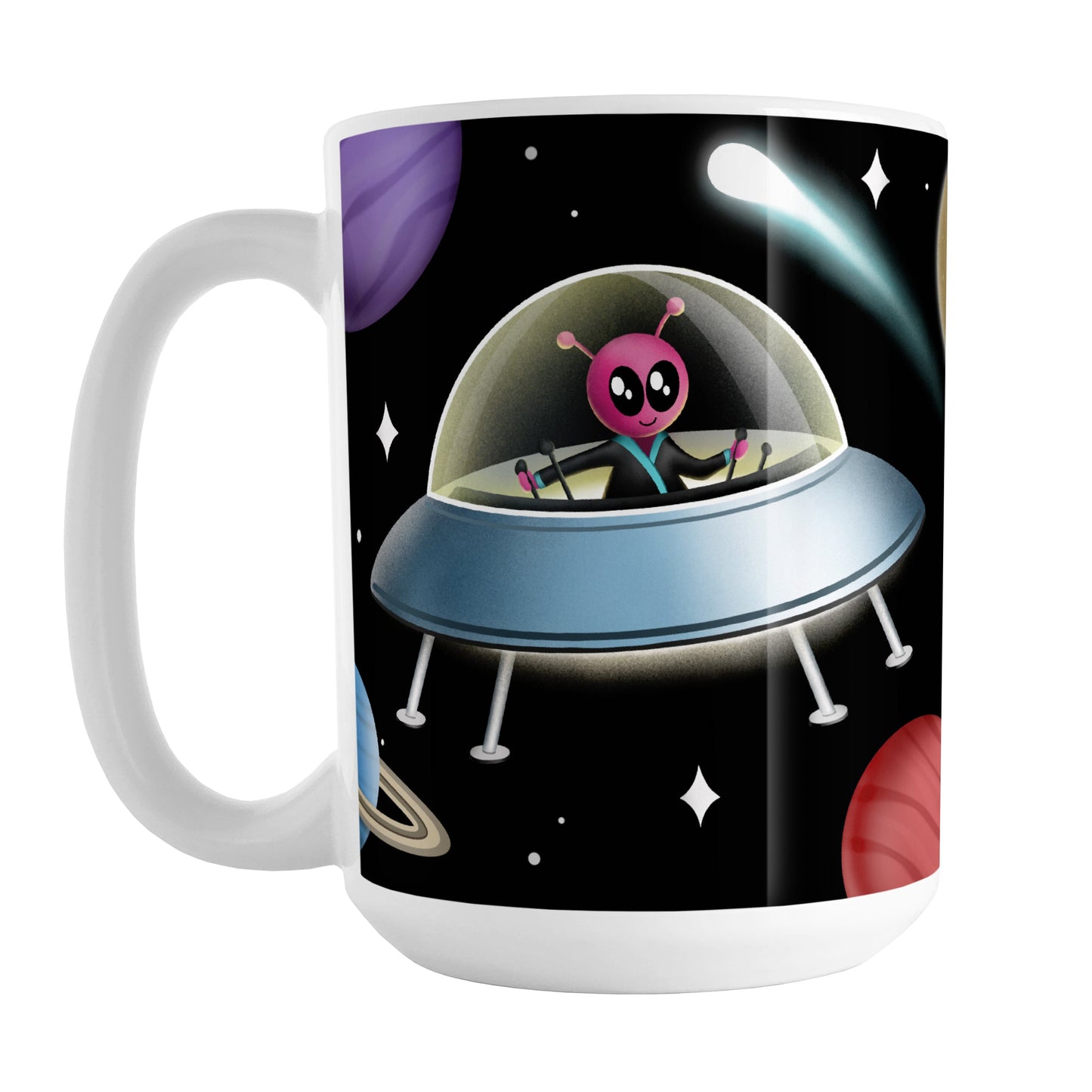 Galaxy Pink Alien Spaceship Mug (15oz) at Amy's Coffee Mugs. A galaxy spaceship mug designed with an illustration of a pink alien in a spaceship in a galaxy design with planets, stars, comets, and a moon over a black background.