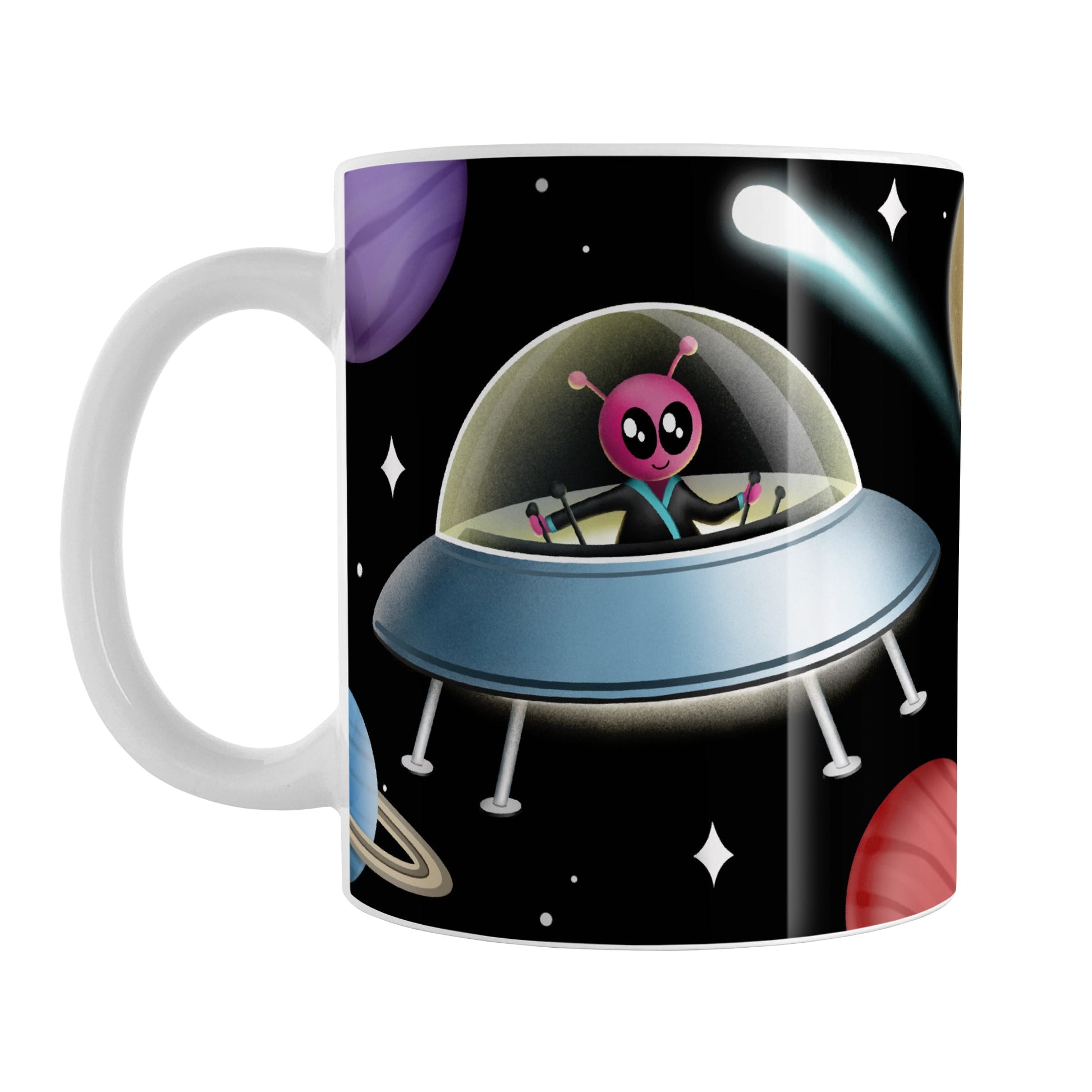 Galaxy Pink Alien Spaceship Mug (11oz) at Amy's Coffee Mugs. A galaxy spaceship mug designed with an illustration of a pink alien in a spaceship in a galaxy design with planets, stars, comets, and a moon over a black background.