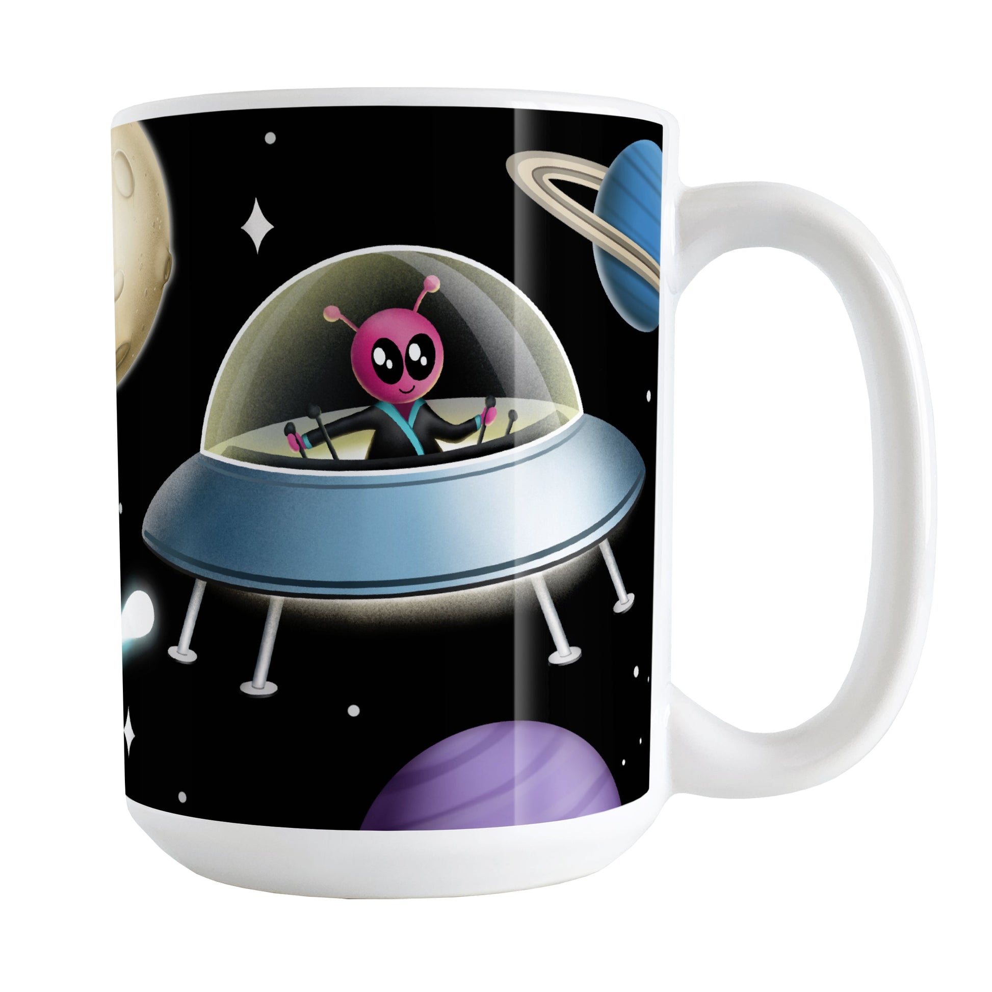 Galaxy Pink Alien Spaceship Mug (15oz) at Amy's Coffee Mugs. A galaxy spaceship mug designed with an illustration of a pink alien in a spaceship in a galaxy design with planets, stars, comets, and a moon over a black background.