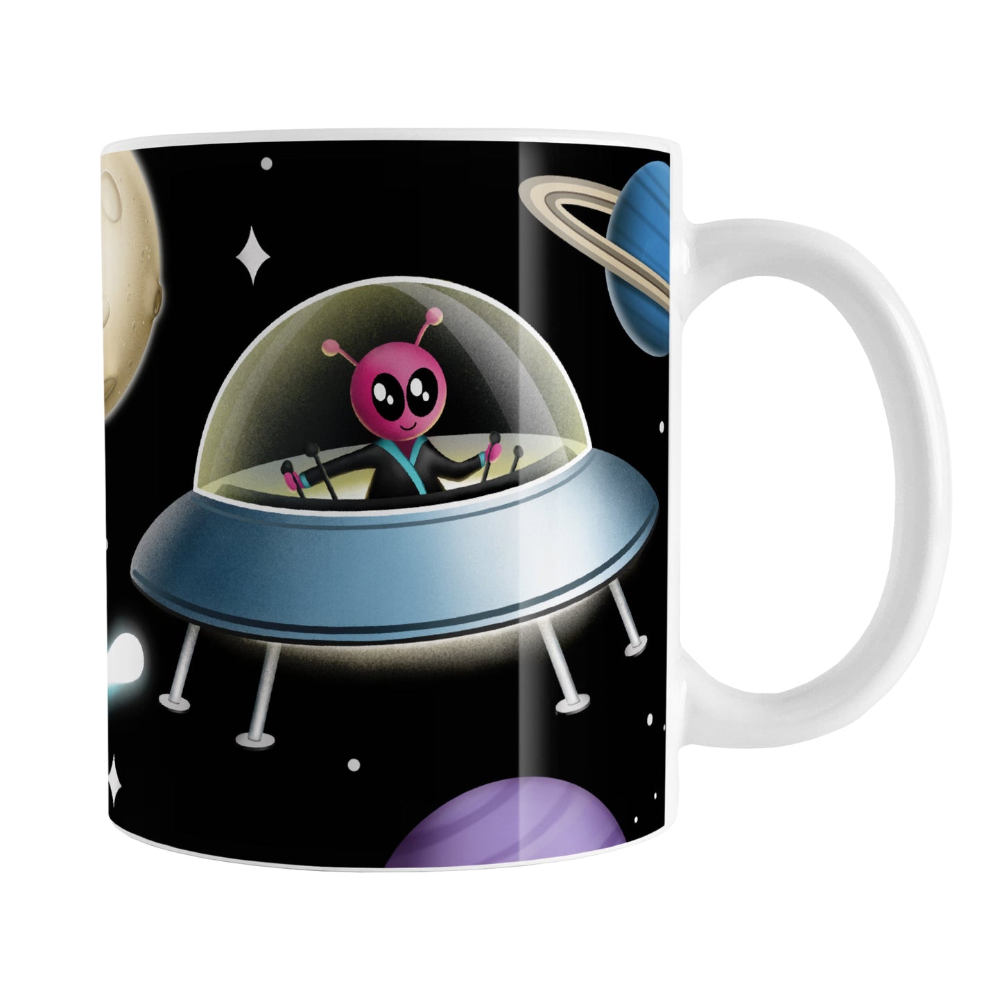 Galaxy Pink Alien Spaceship Mug (11oz) at Amy's Coffee Mugs. A galaxy spaceship mug designed with an illustration of a pink alien in a spaceship in a galaxy design with planets, stars, comets, and a moon over a black background.