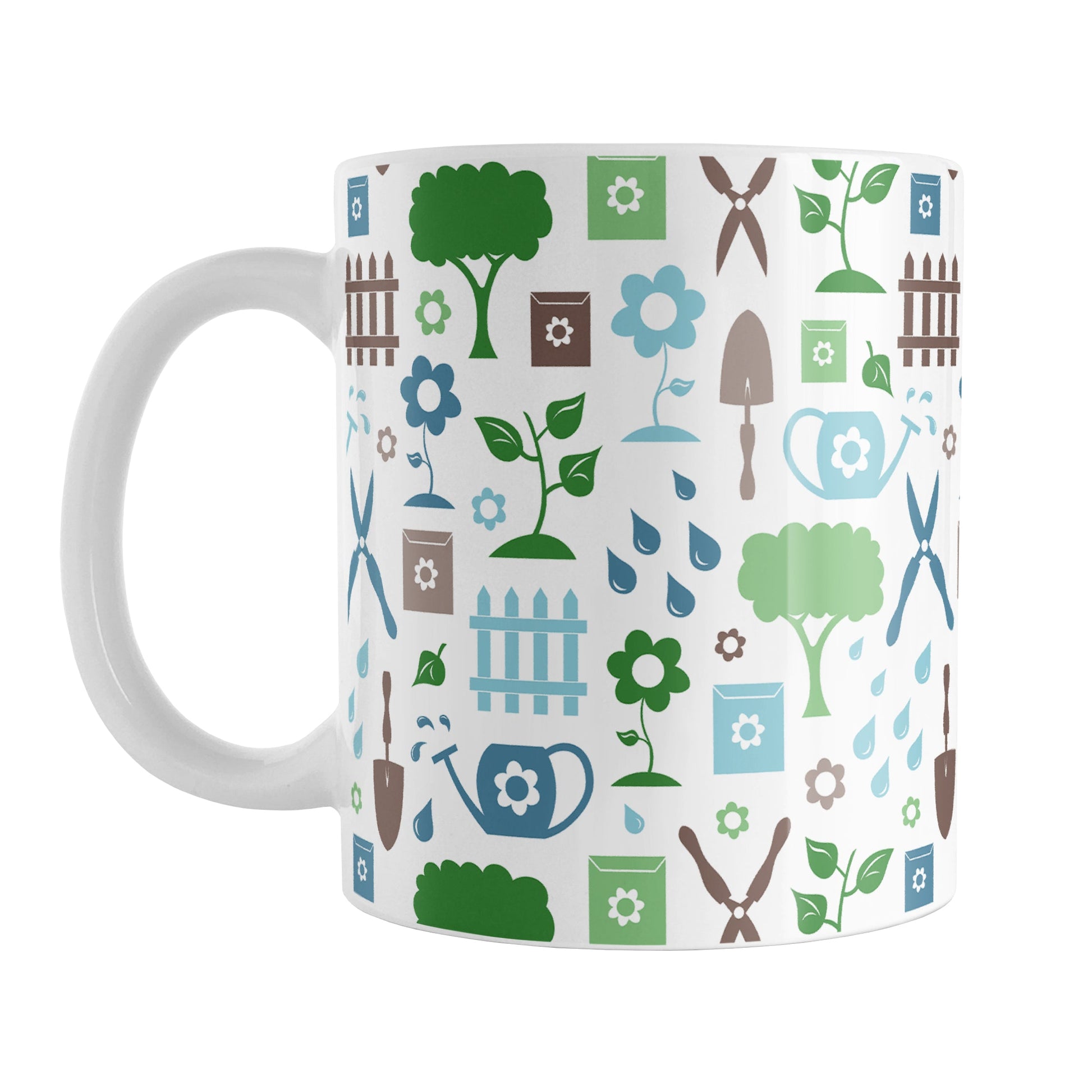 Gardening Pattern Mug (11oz) at Amy's Coffee Mugs. A ceramic coffee mug designed with a gardening pattern with trees, plants, flowers, seed packets, watering cans, fences, and gardening tools in blue, green, and brown. 