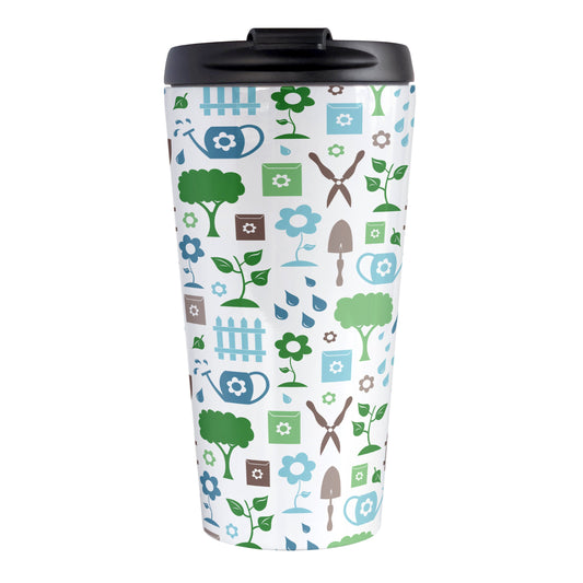 Gardening Pattern Travel Mug (15oz) at Amy's Coffee Mugs. A stainless steel travel mug designed with a gardening pattern with trees, plants, flowers, seed packets, watering cans, fences, and gardening tools in blue, green, and brown. 
