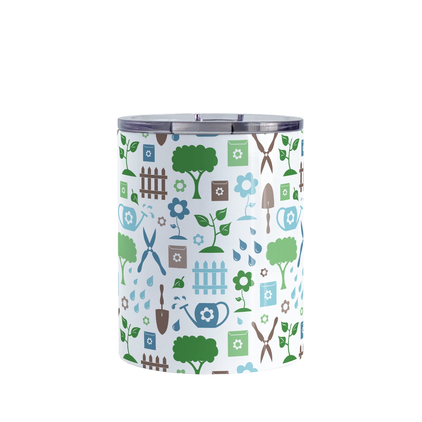 Gardening Pattern Tumbler Cup (10oz) at Amy's Coffee Mugs. A stainless steel insulated tumbler cup designed with a gardening pattern with trees, plants, flowers, seed packets, watering cans, fences, and gardening tools in blue, green, and brown.