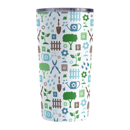 Gardening Pattern Tumbler Cup (20oz) at Amy's Coffee Mugs. A stainless steel insulated tumbler cup designed with a gardening pattern with trees, plants, flowers, seed packets, watering cans, fences, and gardening tools in blue, green, and brown.