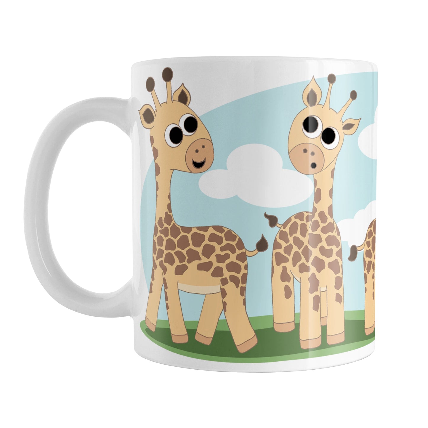 Gathering Giraffes Mug (11oz) at Amy's Coffee Mugs. A ceramic coffee mug designed with five cute illustrated giraffes, with different expressions, around the mug, over a blue sky and green grass background.