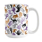 Ghosts and Spirits Halloween Mug (15oz) at Amy's Coffee Mugs. A ceramic coffee mug designed with a whimsical pattern of purple, orange, black and gray ghosts and spirits that wraps around the mug to the handle.