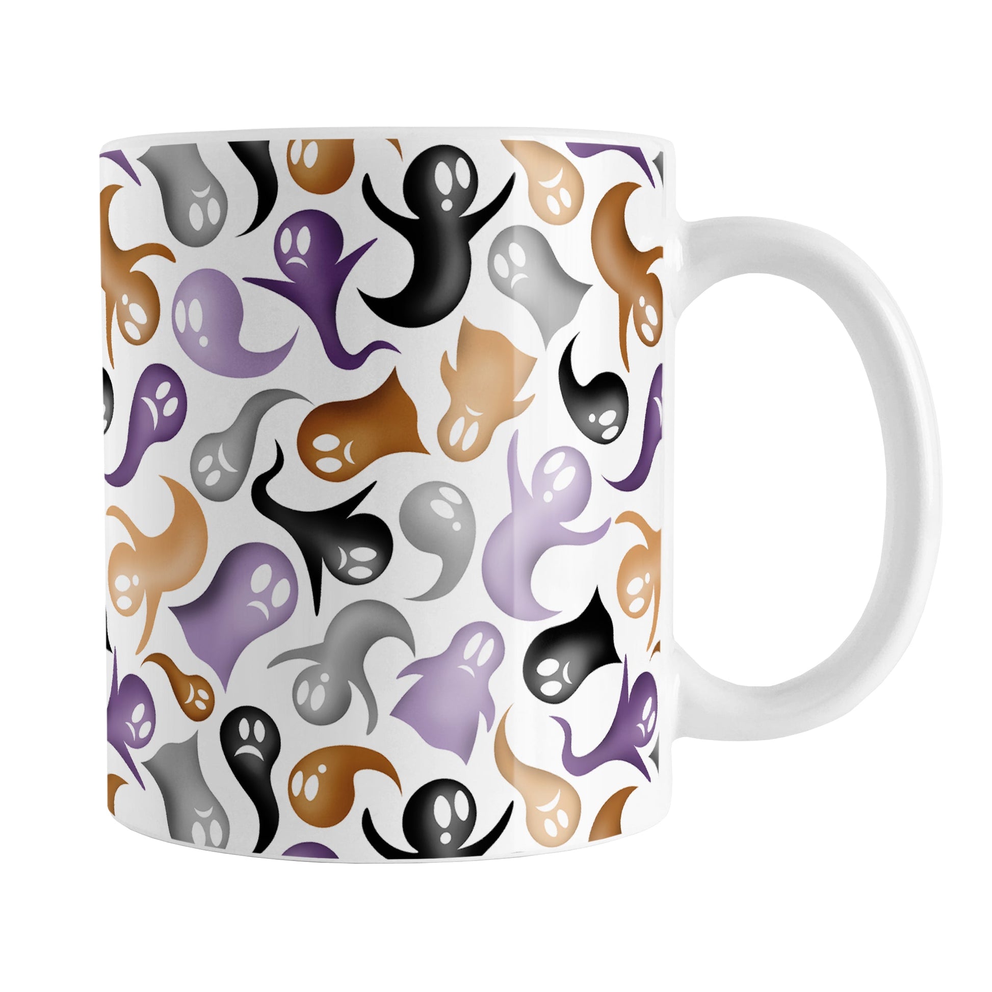 Ghosts and Spirits Halloween Mug (11oz) at Amy's Coffee Mugs. A ceramic coffee mug designed with a whimsical pattern of purple, orange, black and gray ghosts and spirits that wraps around the mug to the handle.