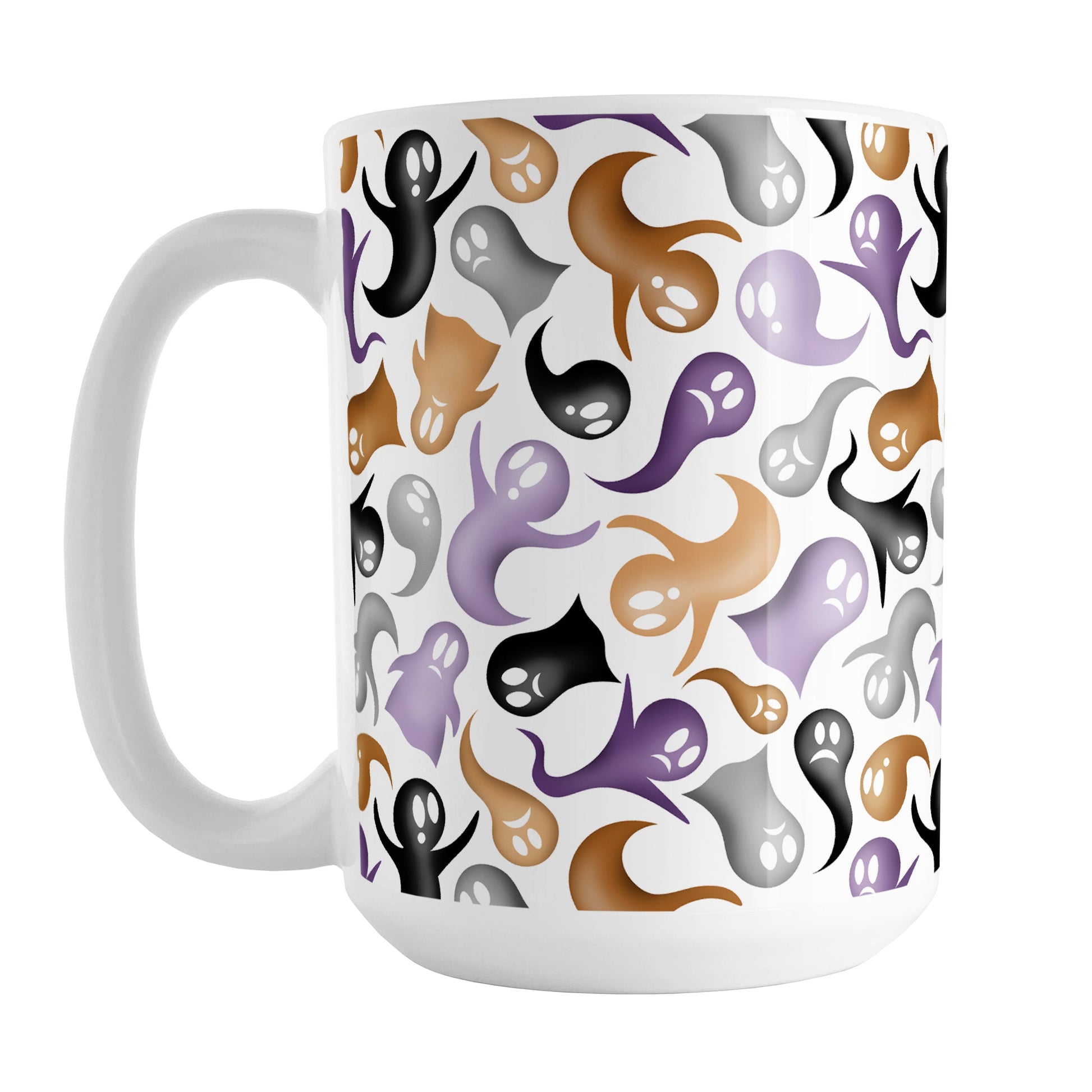 Ghosts and Spirits Halloween Mug (15oz) at Amy's Coffee Mugs. A ceramic coffee mug designed with a whimsical pattern of purple, orange, black and gray ghosts and spirits that wraps around the mug to the handle.
