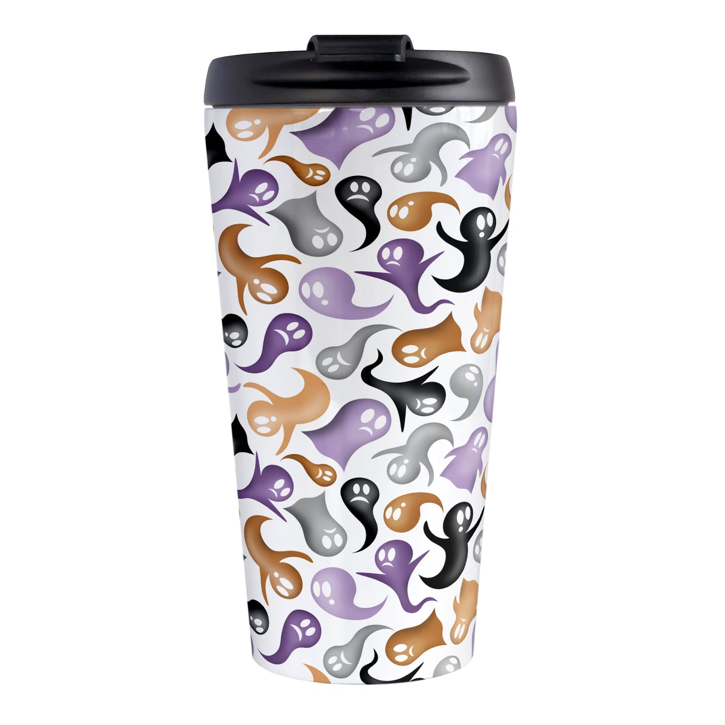 Ghosts and Spirits Halloween Travel Mug (15oz) at Amy's Coffee Mugs. A stainless steel insulated travel mug designed with a whimsical pattern of purple, orange, black and gray ghosts and spirits that wraps around the travel mug.