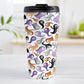 Ghosts and Spirits Halloween Travel Mug (15oz) at Amy's Coffee Mugs. A stainless steel insulated travel mug designed with a whimsical pattern of purple, orange, black and gray ghosts and spirits that wraps around the travel mug.