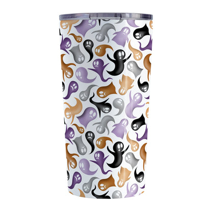 Ghosts and Spirits Halloween Tumbler Cup (20oz) at Amy's Coffee Mugs. A stainless steel insulated tumbler cup designed with a whimsical pattern of purple, orange, black and gray ghosts and spirits that wraps around the cup. 