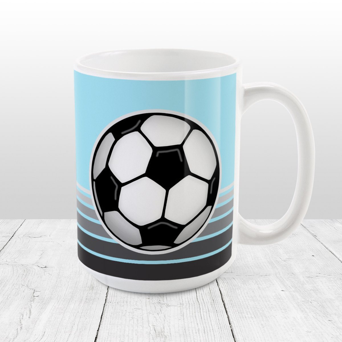 Gray Gradient Lined Blue Soccer Ball Mug at Amy's Coffee Mugs