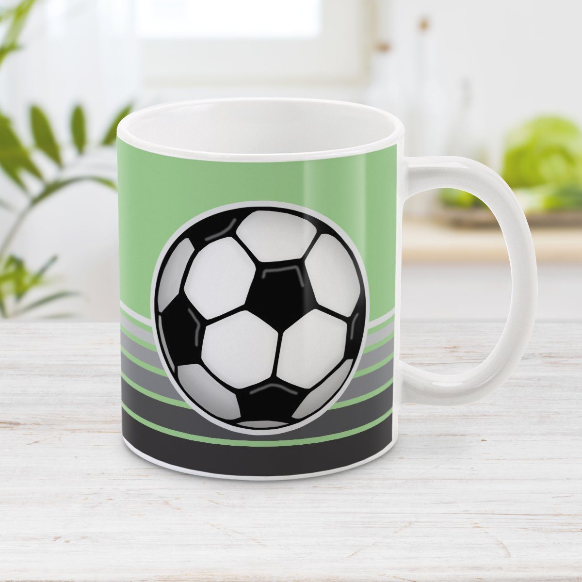 Gray Gradient Lined Green Soccer Ball Mug at Amy's Coffee Mugs