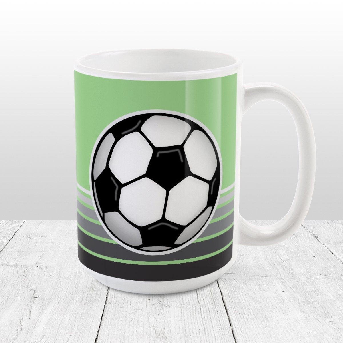 Gray Gradient Lined Green Soccer Ball Mug at Amy's Coffee Mugs