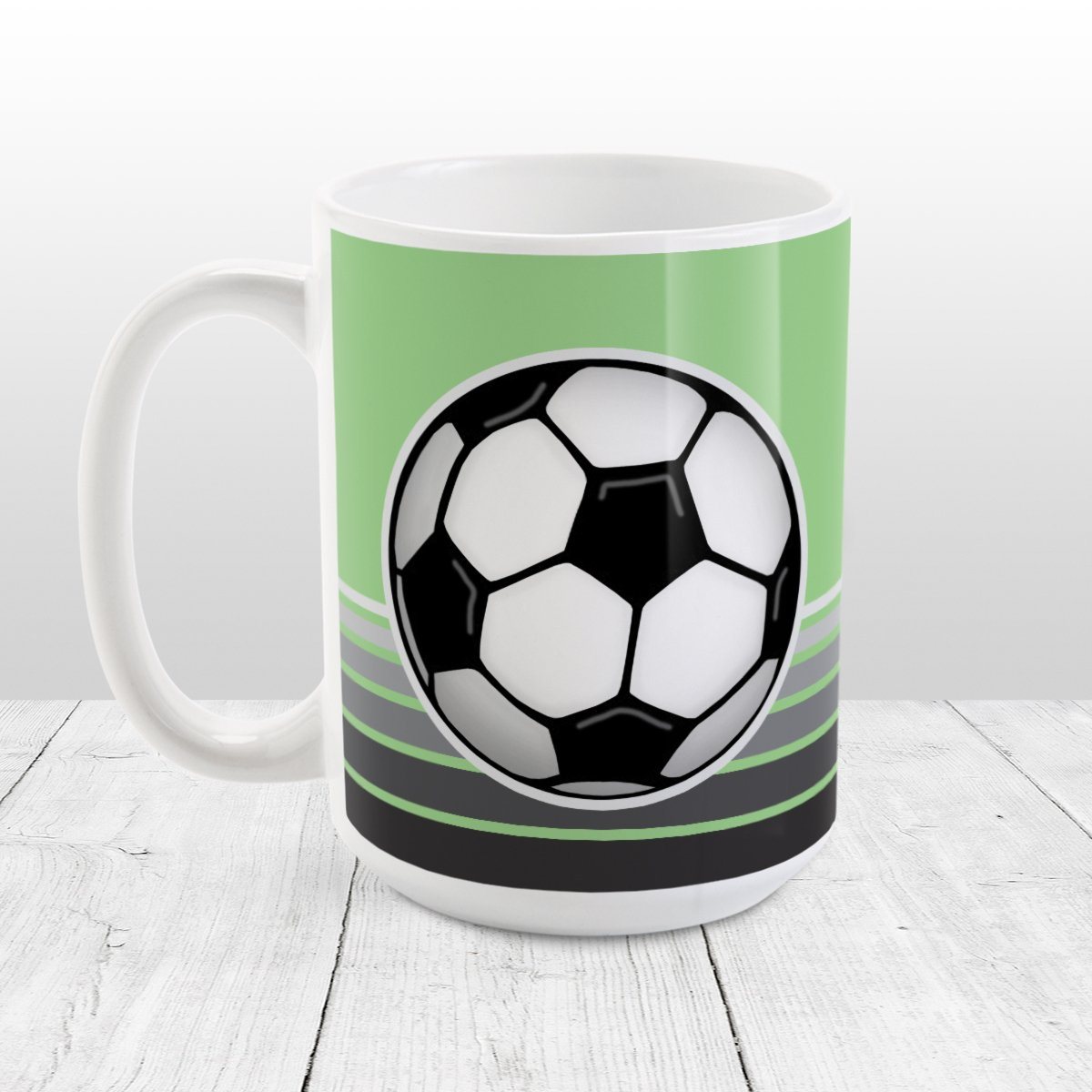 Gray Gradient Lined Green Soccer Ball Mug at Amy's Coffee Mugs