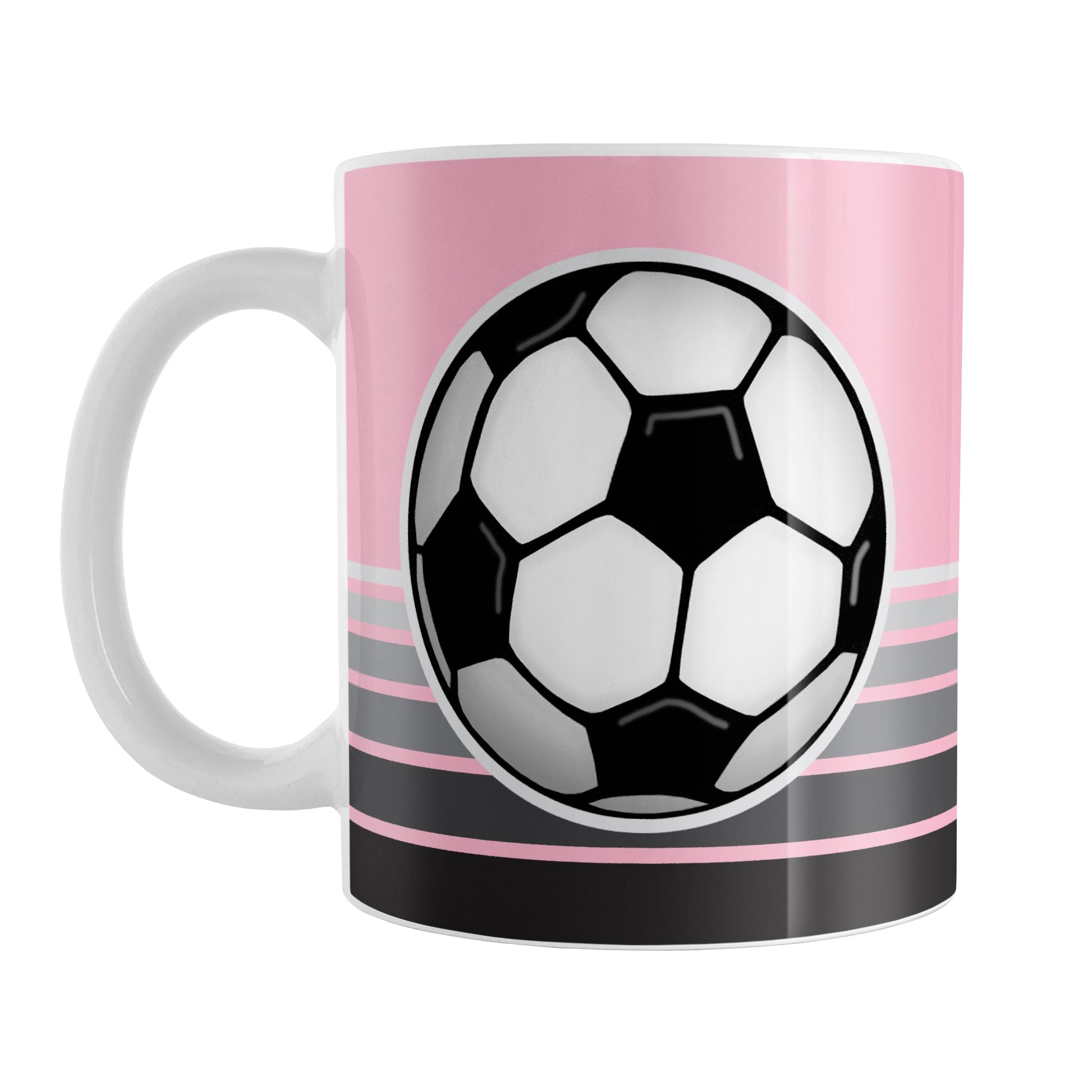 Gray Gradient Lined Pink Soccer Ball Mug (11oz) at Amy's Coffee Mugs