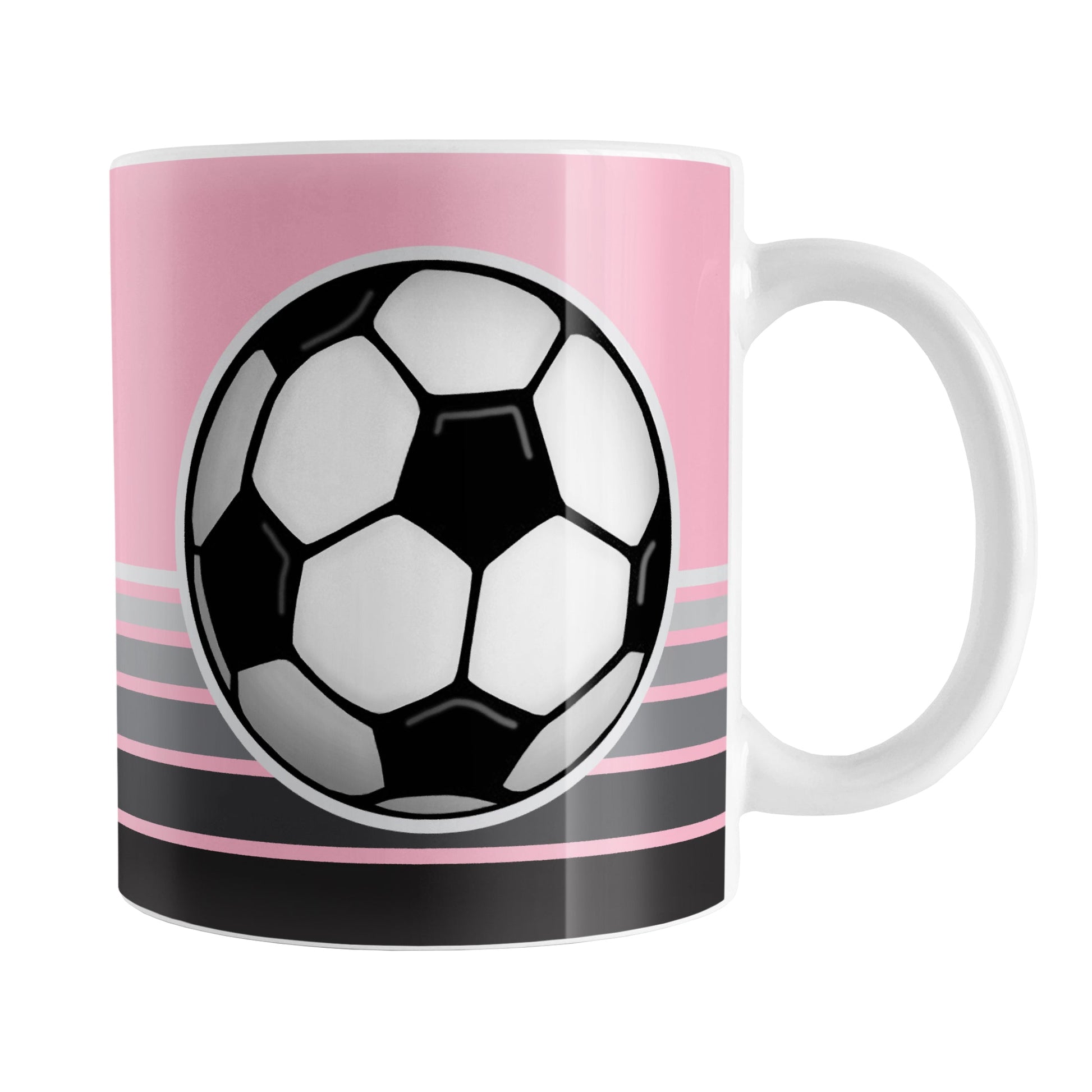 Gray Gradient Lined Pink Soccer Ball Mug (11oz) at Amy's Coffee Mugs. A ceramic coffee mug designed with a big soccer ball on both sides of the mug over gradient black to gray lines along the bottom over a pink background color that wraps around the mug up to the handle.