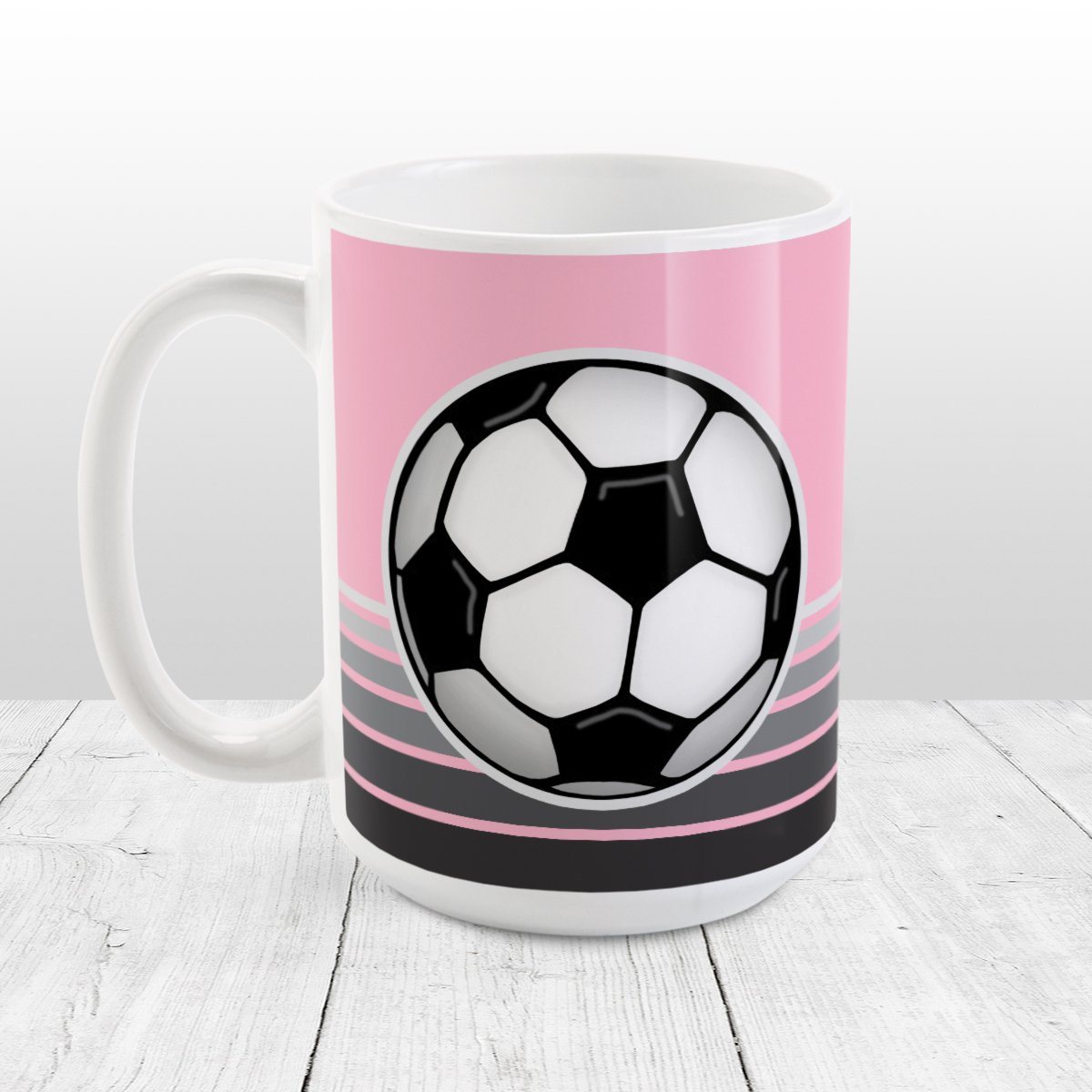 Gray Gradient Lined Pink Soccer Ball Mug at Amy's Coffee Mugs