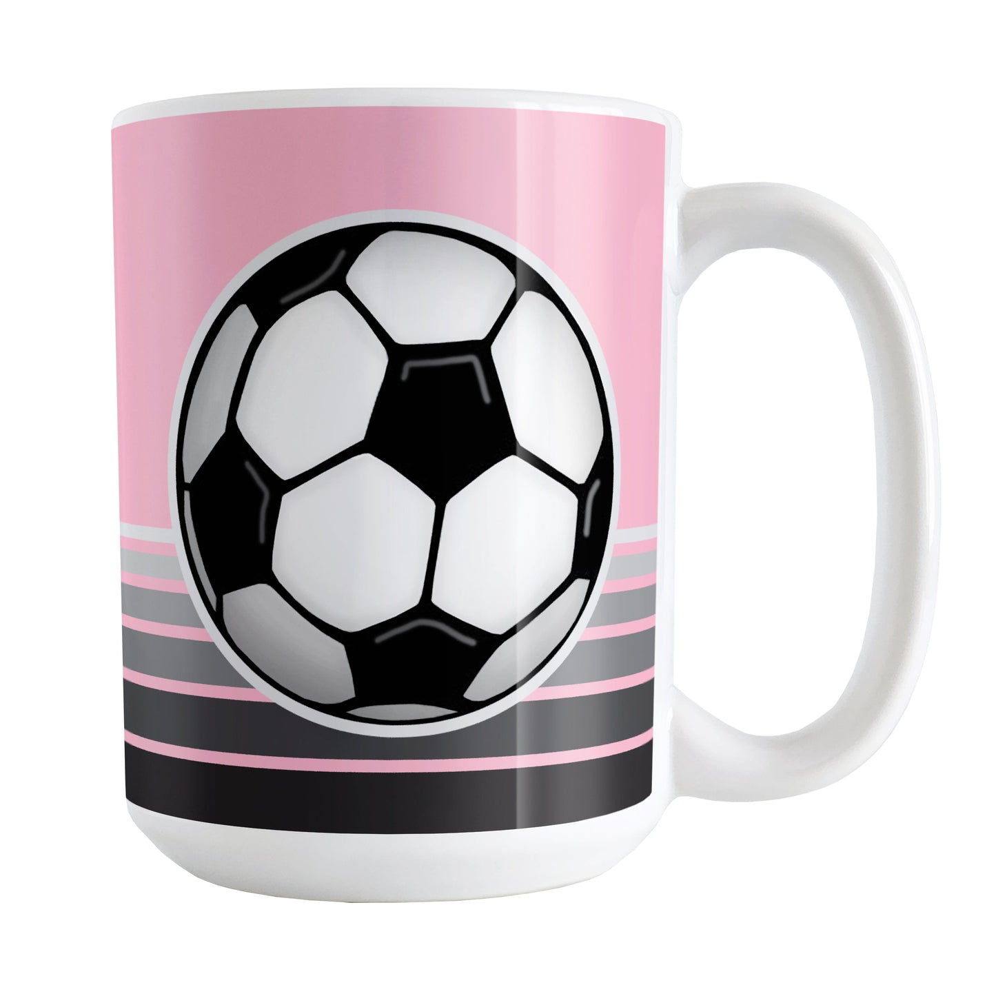 Gray Gradient Lined Pink Soccer Ball Mug (15oz) at Amy's Coffee Mugs. A ceramic coffee mug designed with a big soccer ball on both sides of the mug over gradient black to gray lines along the bottom over a pink background color that wraps around the mug up to the handle.