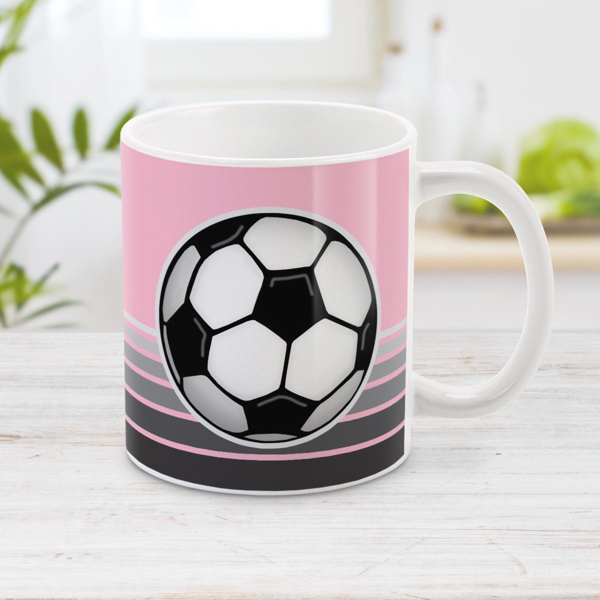 Gray Gradient Lined Pink Soccer Ball Mug at Amy's Coffee Mugs