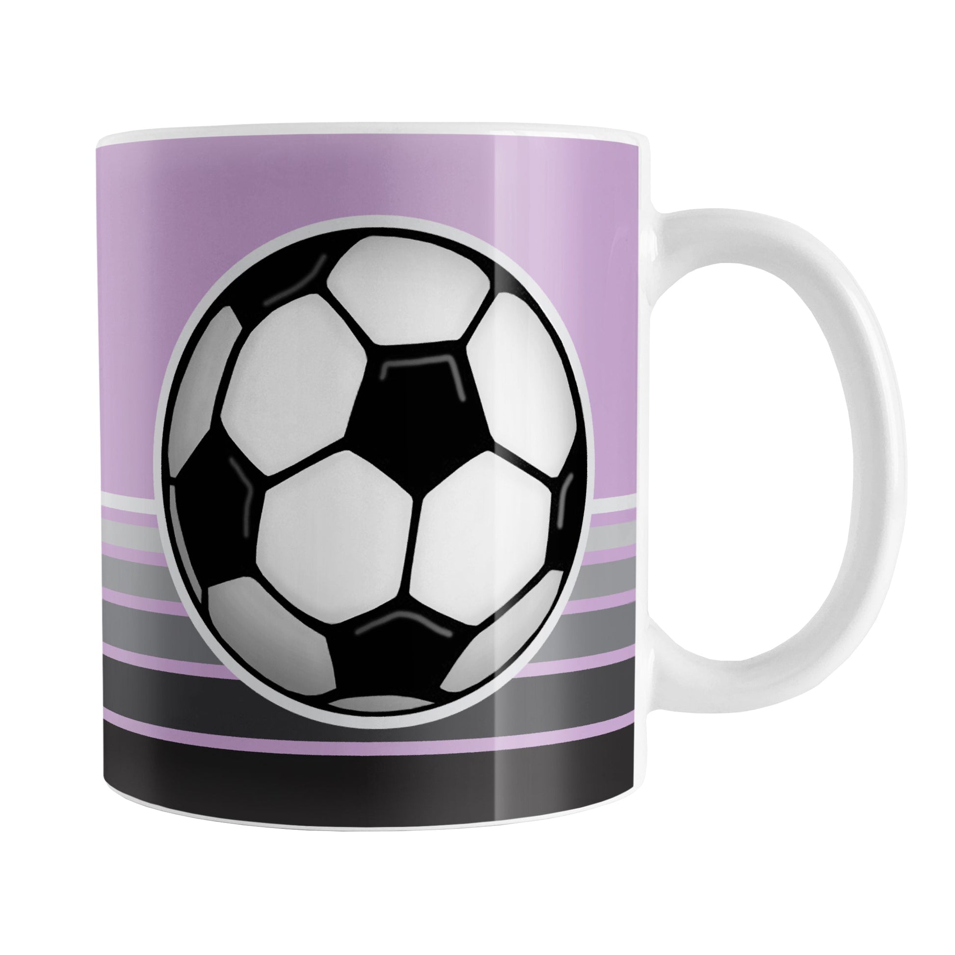 Gray Gradient Lined Purple Soccer Ball Mug (11oz) at Amy's Coffee Mugs. A ceramic coffee mug designed with a big soccer ball on both sides of the mug over gradient black to gray lines along the bottom over a purple background color that wraps around the mug up to the handle.