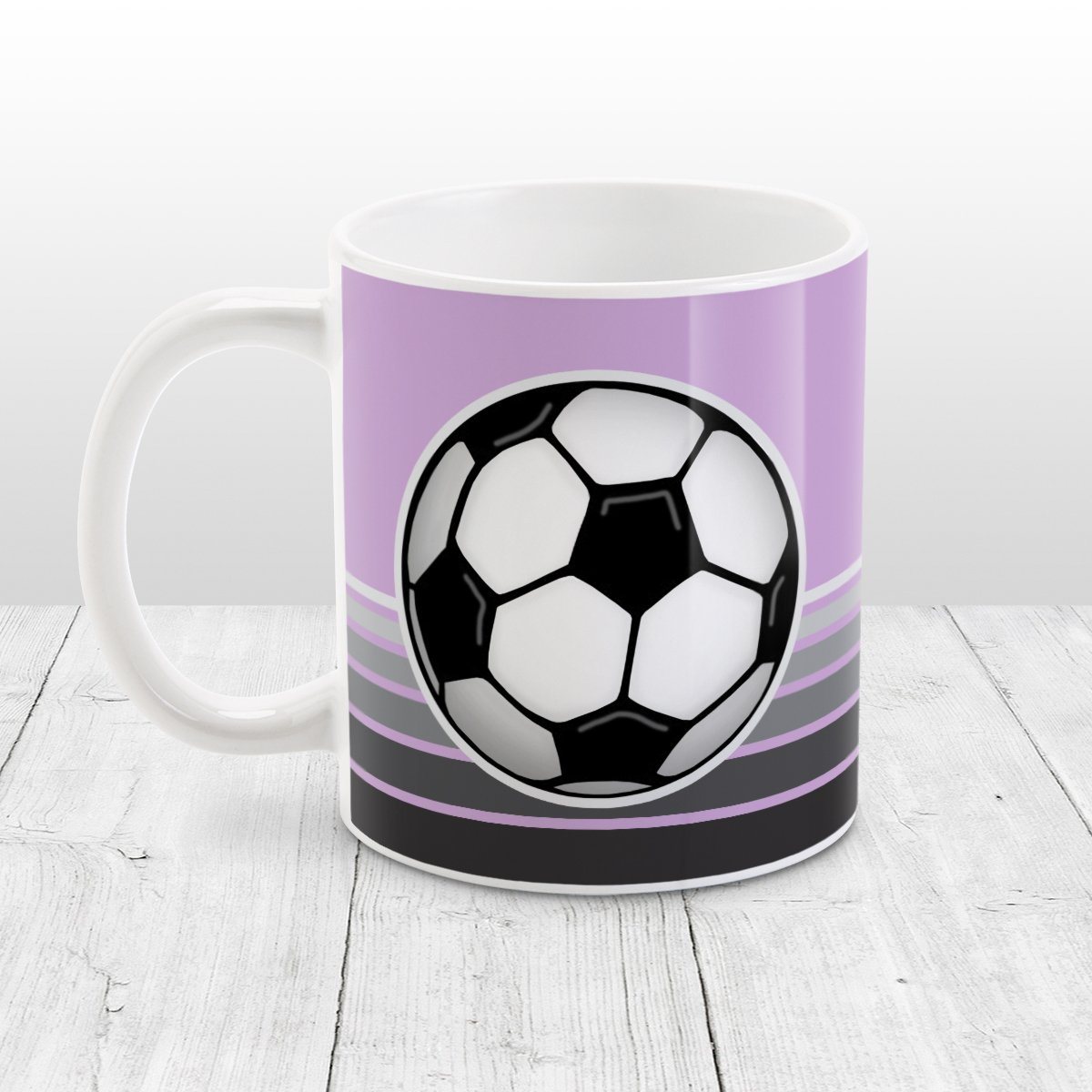 Gray Gradient Lined Purple Soccer Ball Mug at Amy's Coffee Mugs