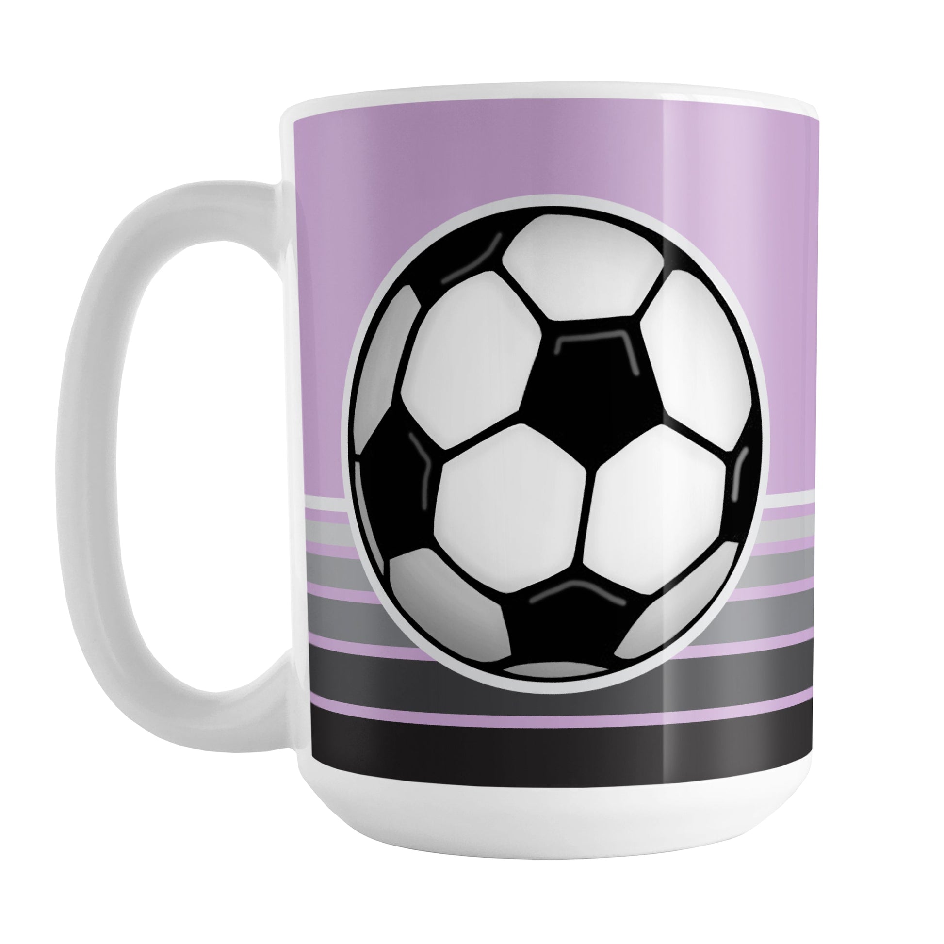 Gray Gradient Lined Purple Soccer Ball Mug (15oz) at Amy's Coffee Mugs. A ceramic coffee mug designed with a big soccer ball on both sides of the mug over gradient black to gray lines along the bottom over a purple background color that wraps around the mug up to the handle.