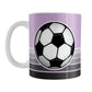 Gray Gradient Lined Purple Soccer Ball Mug (11oz) at Amy's Coffee Mugs. A ceramic coffee mug designed with a big soccer ball on both sides of the mug over gradient black to gray lines along the bottom over a purple background color that wraps around the mug up to the handle.