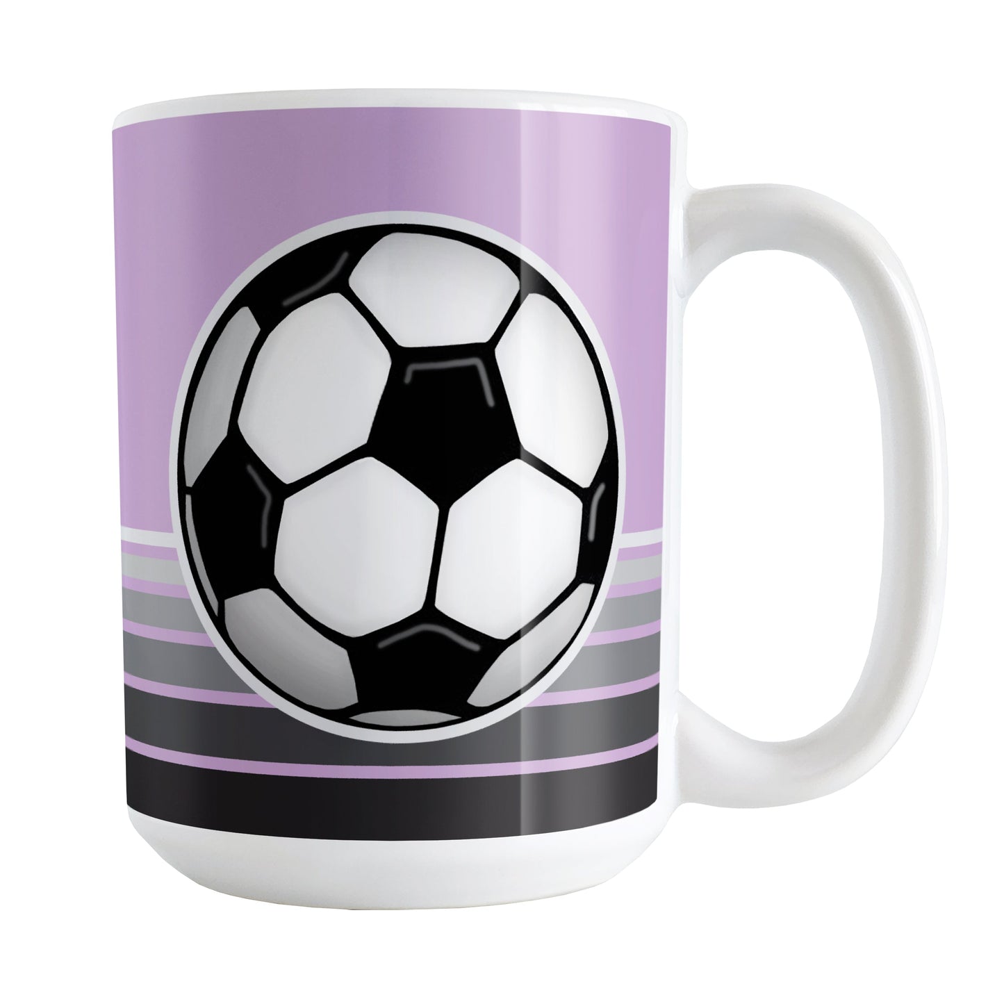 Gray Gradient Lined Purple Soccer Ball Mug (15oz) at Amy's Coffee Mugs. A ceramic coffee mug designed with a big soccer ball on both sides of the mug over gradient black to gray lines along the bottom over a purple background color that wraps around the mug up to the handle.