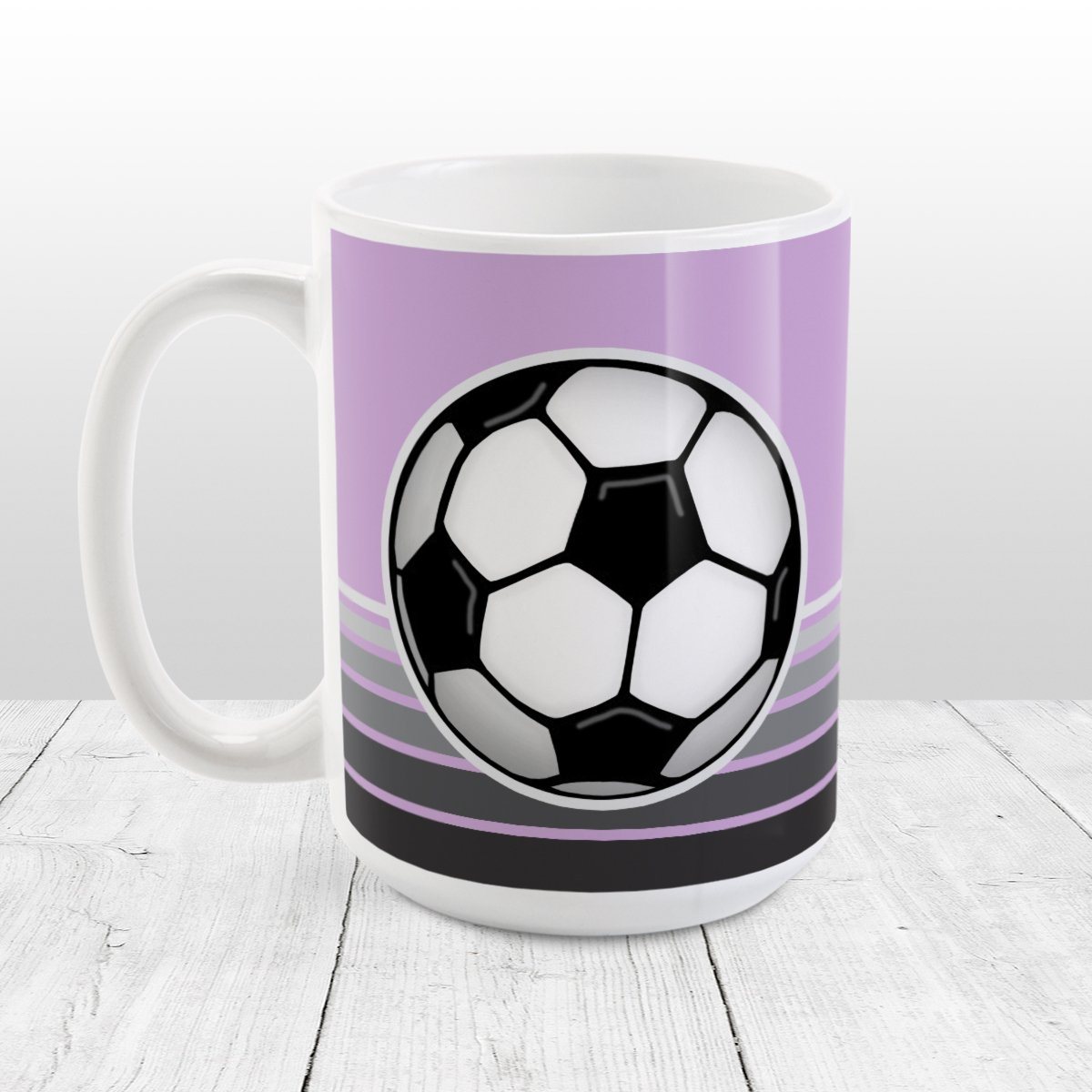 Gray Gradient Lined Purple Soccer Ball Mug at Amy's Coffee Mugs