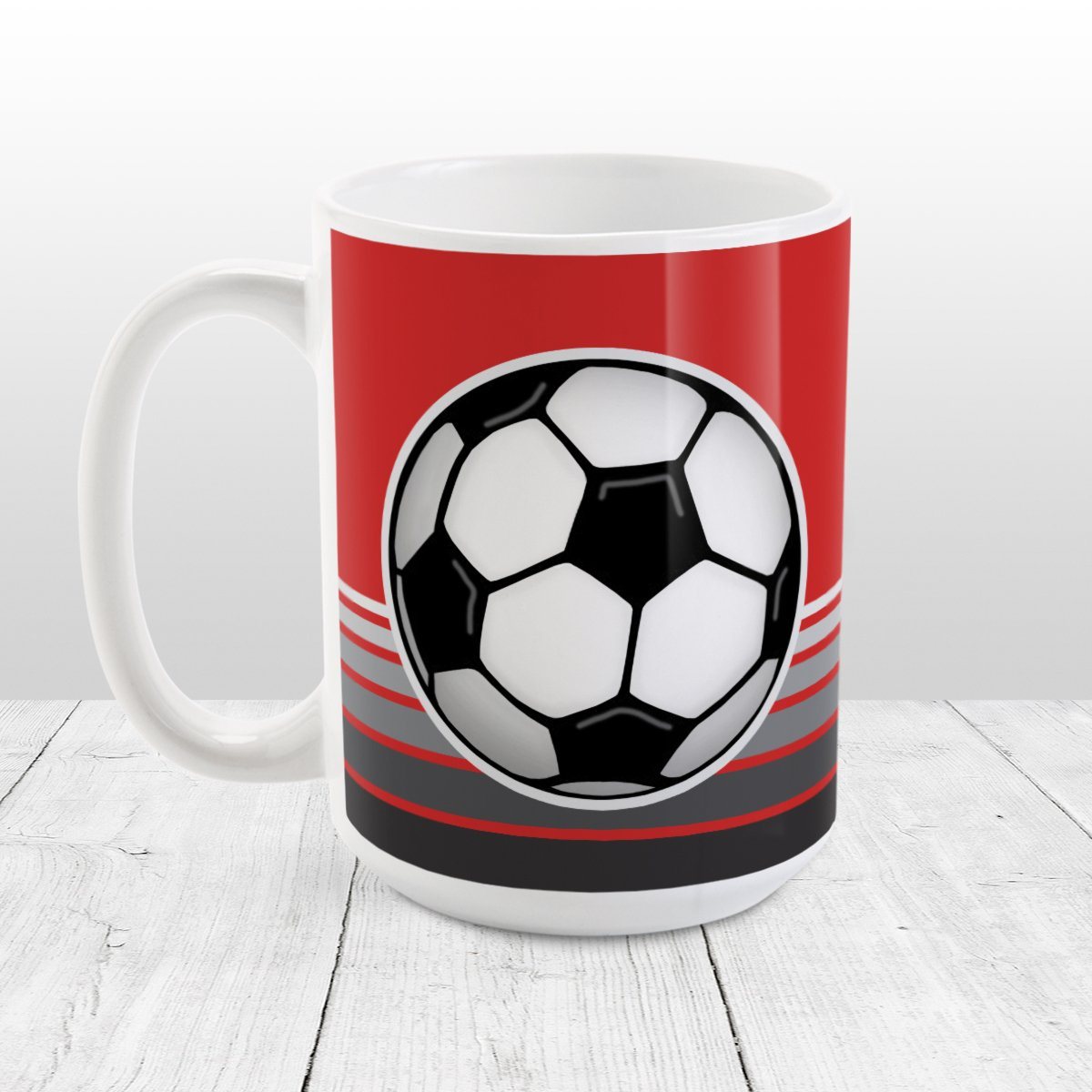 Gray Gradient Lined Red Soccer Ball Mug at Amy's Coffee Mugs