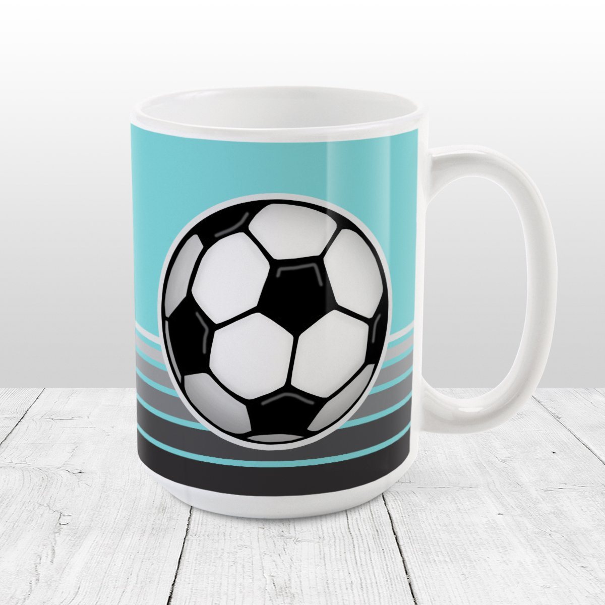 Gray Gradient Lined Teal Soccer Ball Mug at Amy's Coffee Mugs