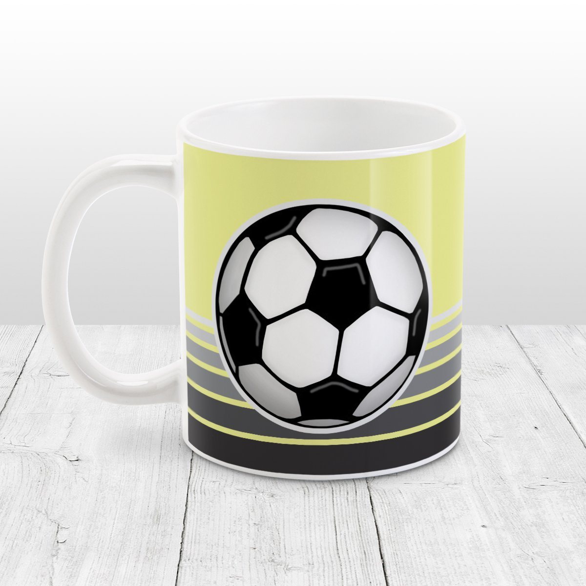 Gray Gradient Lined Yellow Soccer Ball Mug at Amy's Coffee Mugs