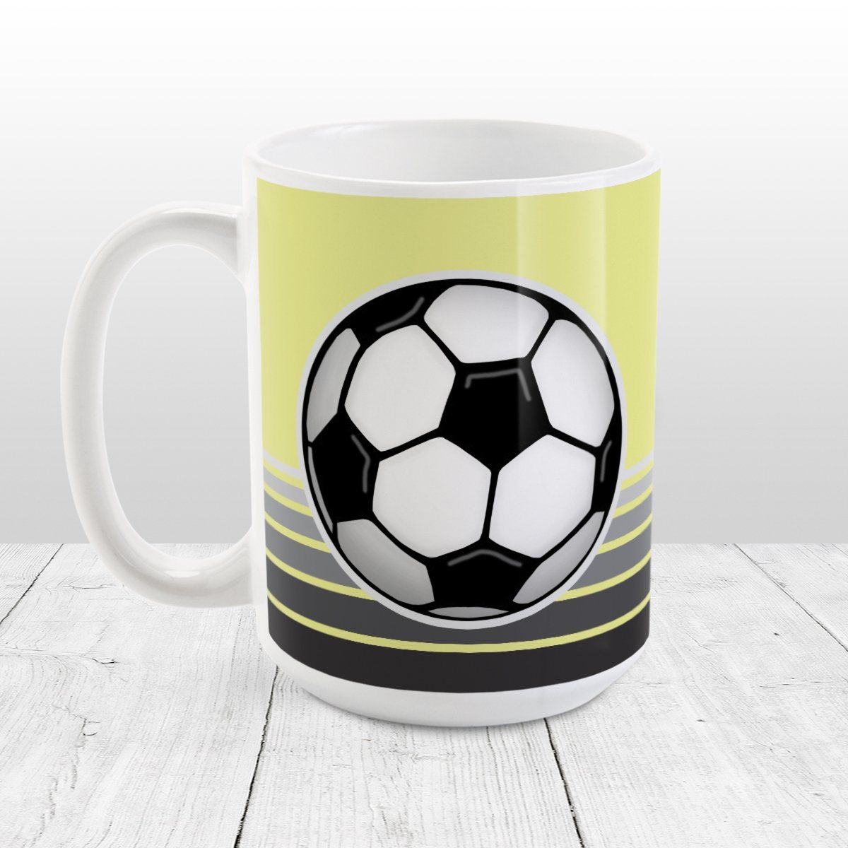 Gray Gradient Lined Yellow Soccer Ball Mug at Amy's Coffee Mugs