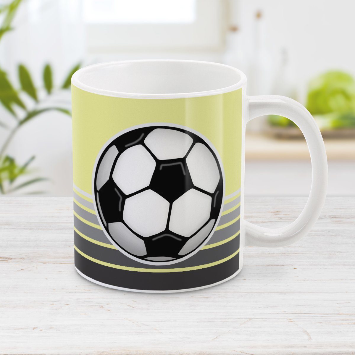 Gray Gradient Lined Yellow Soccer Ball Mug at Amy's Coffee Mugs