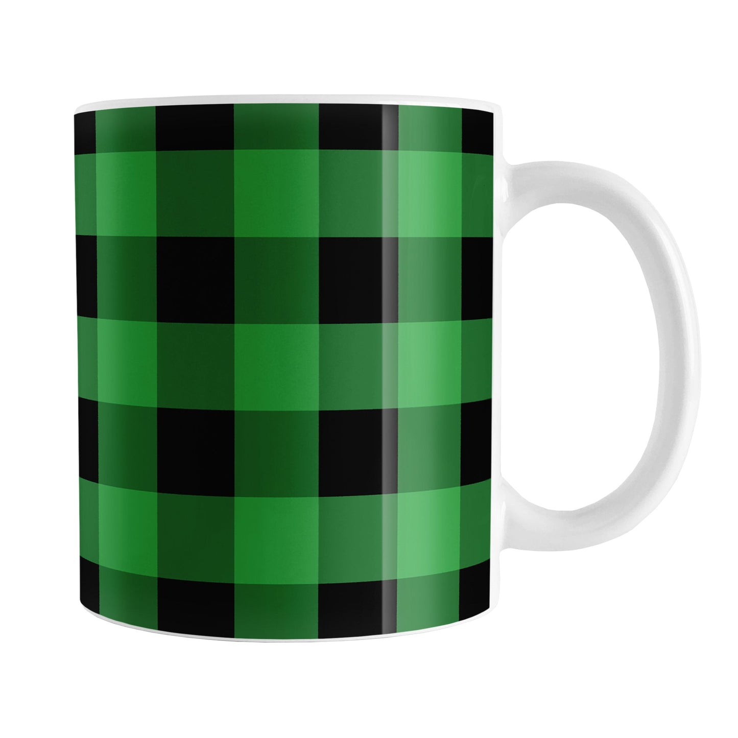 Green and Black Buffalo Plaid Mug (11oz) at Amy's Coffee Mugs. A ceramic coffee mug designed with a black and green buffalo plaid (buffalo check) pattern that wraps around the mug up to the handle.