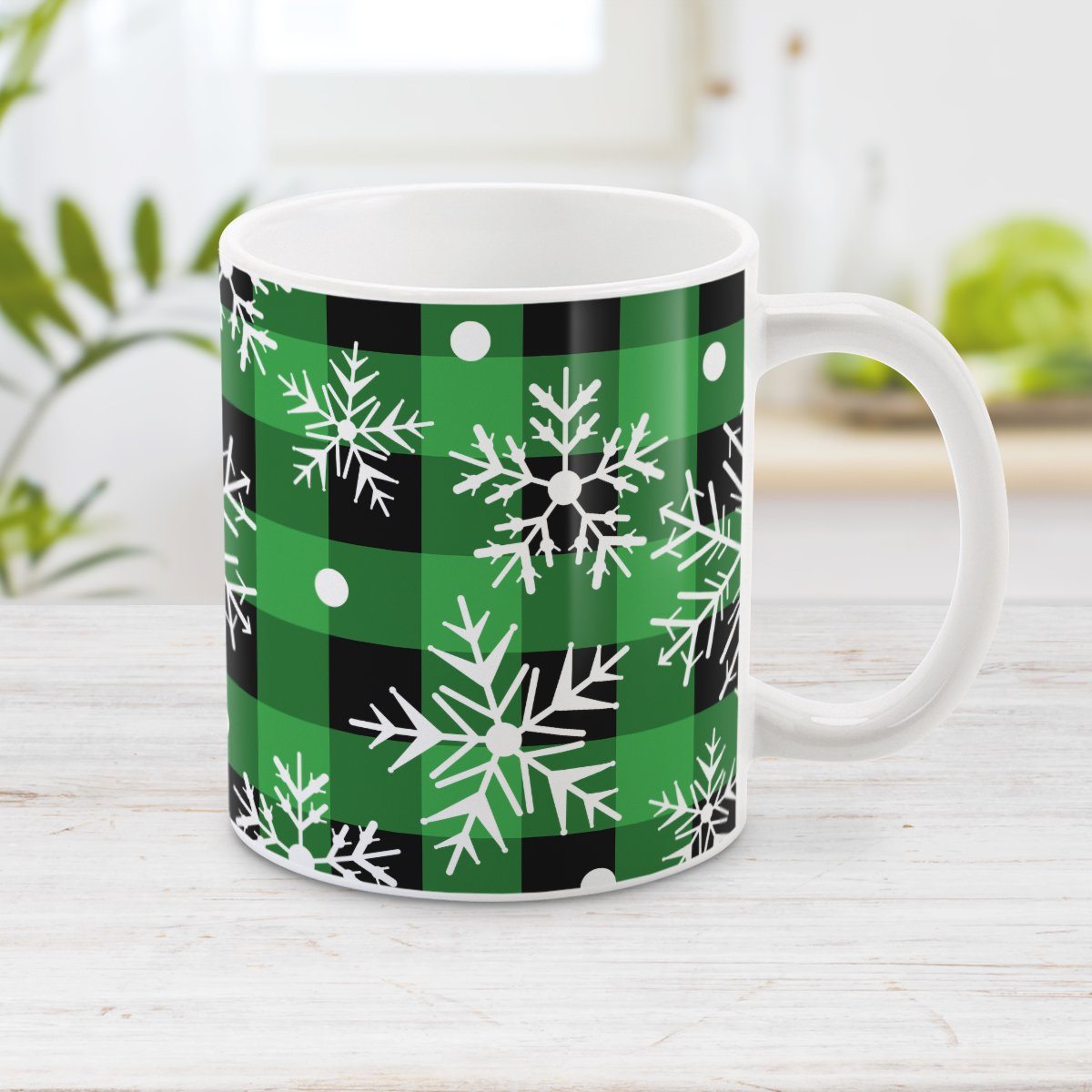 Green and Black Buffalo Plaid Snowflake Mug (11oz) at Amy's Coffee Mugs