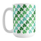 Green and Teal Clovers Mug (15oz) at Amy's Coffee Mugs. A ceramic coffee mug designed with a pattern of two-tone green and teal clovers (shamrocks) that wraps around the mug up to the handle.