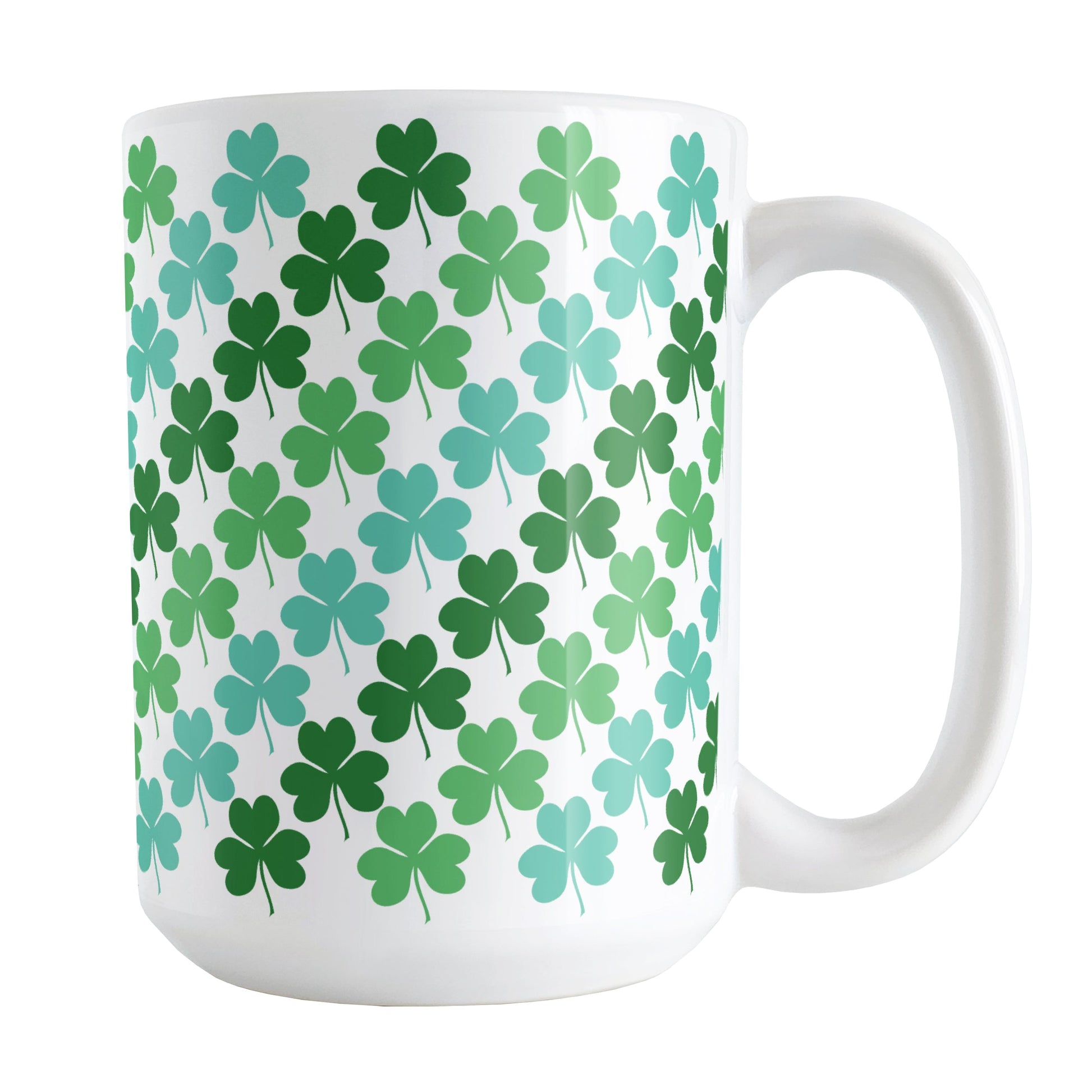 Green and Teal Clovers Mug (15oz) at Amy's Coffee Mugs. A ceramic coffee mug designed with a pattern of two-tone green and teal clovers (shamrocks) that wraps around the mug up to the handle.