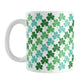 Green and Teal Clovers Mug (11oz) at Amy's Coffee Mugs. A ceramic coffee mug designed with a pattern of two-tone green and teal clovers (shamrocks) that wraps around the mug up to the handle.