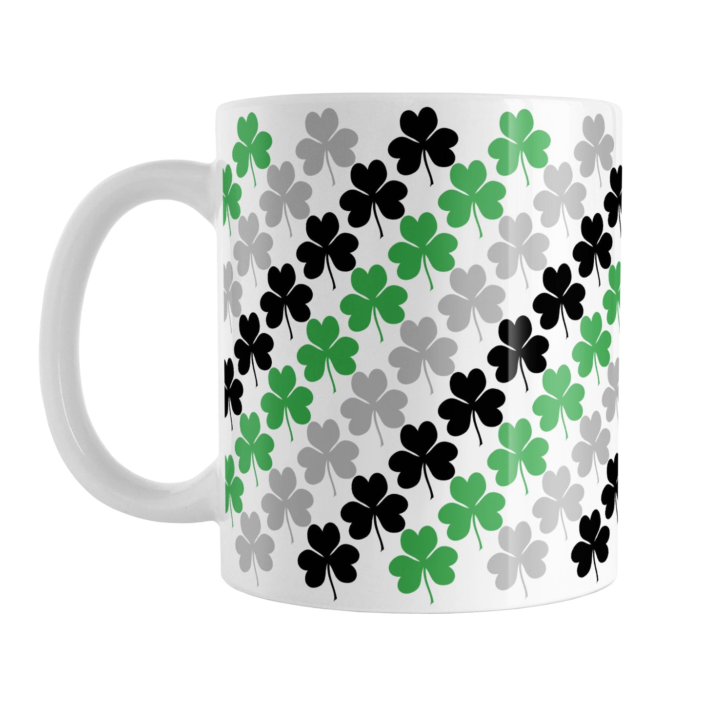 Green Black and Gray Clovers Mug (11oz) at Amy's Coffee Mugs. A ceramic coffee mug designed with a pattern of green, black, and gray clovers (shamrocks) that wraps around the mug up to the handle.