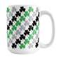 Green Black and Gray Clovers Mug (15oz) at Amy's Coffee Mugs. A ceramic coffee mug designed with a pattern of green, black, and gray clovers (shamrocks) that wraps around the mug up to the handle.