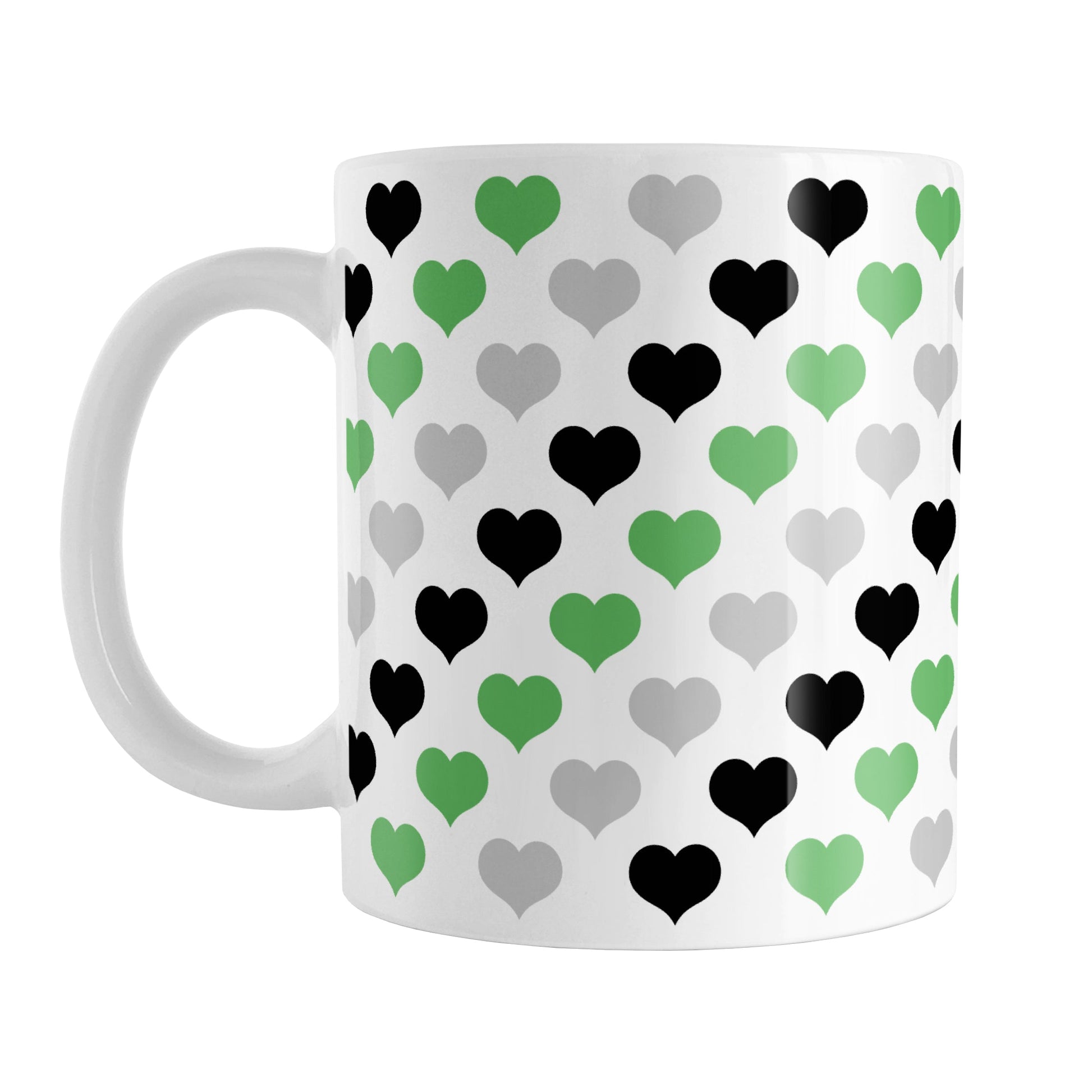 Green Black Gray Hearts Pattern Mug (11oz) at Amy's Coffee Mugs. A ceramic coffee mug designed with a pattern of hearts in black, green, and gray that wraps around the mug up to the handle.