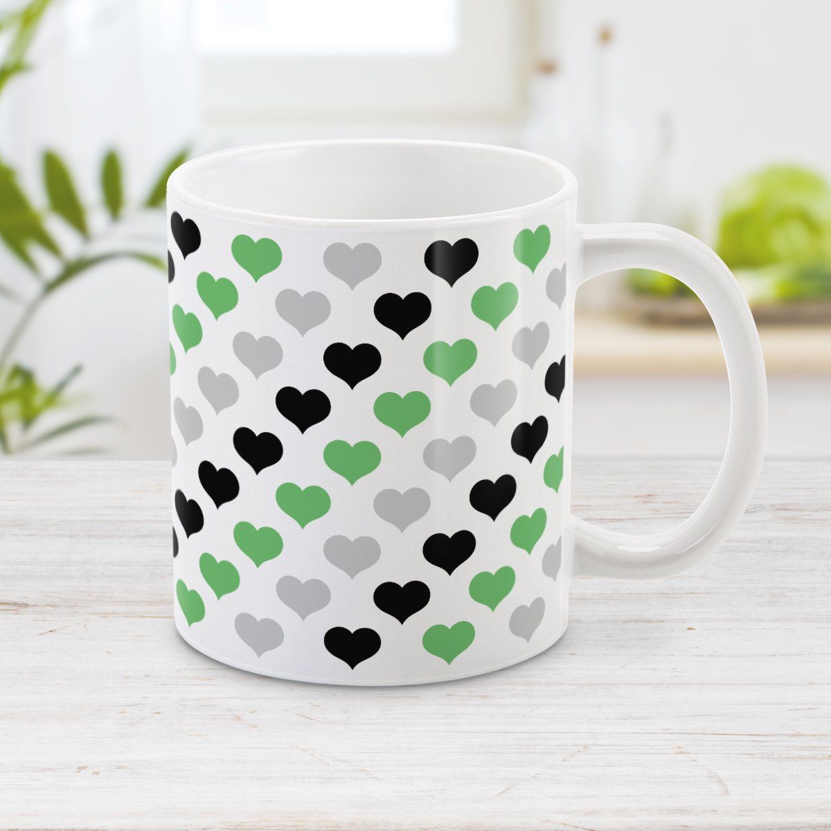 Green Black Gray Hearts Pattern Mug at Amy's Coffee Mugs
