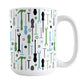Green Blue Tools Pattern Mug (15oz) at Amy's Coffee Mugs. A ceramic coffee mug with a modern style pattern of tools in green, blue, black, and gray over white that wraps around the mug to the handle. Perfect for any handyman or contractor. 